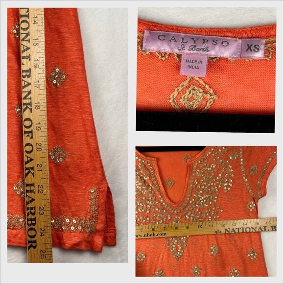 Calypso St. Barth Embroidered Sequined Linen Top Orange Gold Beaded XS Boho Chic - Picture 8 of 9